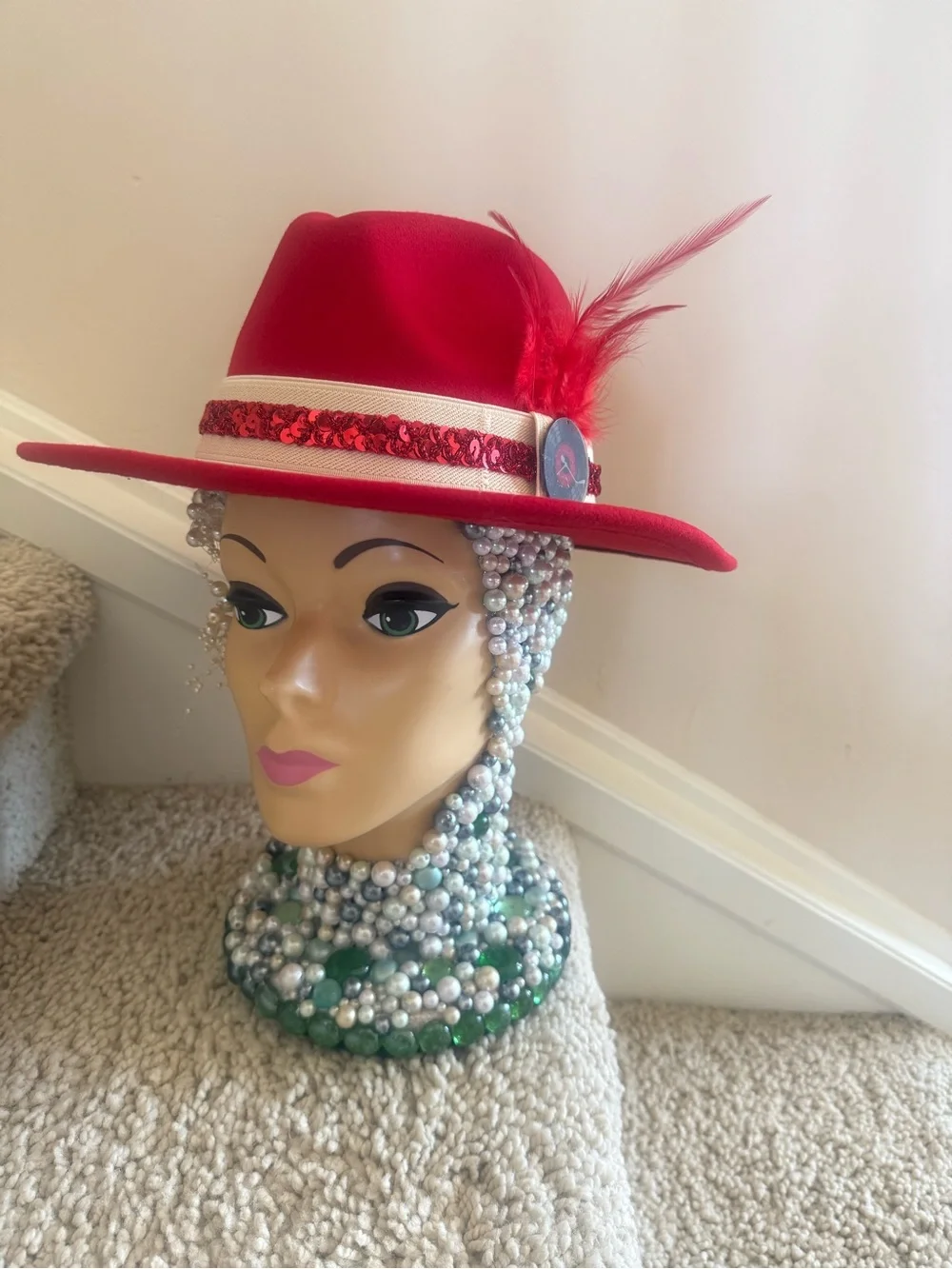 Red Women's Fedora Hat with Sequin Band